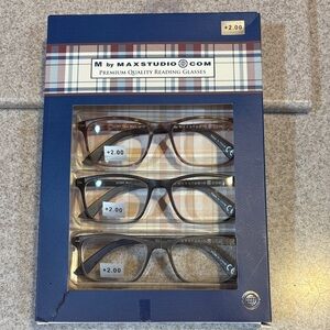 Max Studio Reading Glasses Set of 3 +2.00 Black, Grey, and Brown Frames